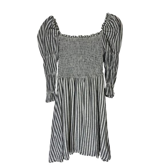 Aqua Dresses & Skirts - Aqua Gray & White Stripe Cotton Square Neck Smocked Lined Peasant Dress Size S